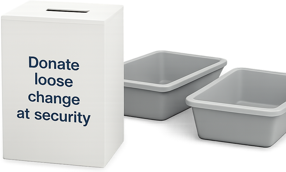 Modular donation bin near airport security trays